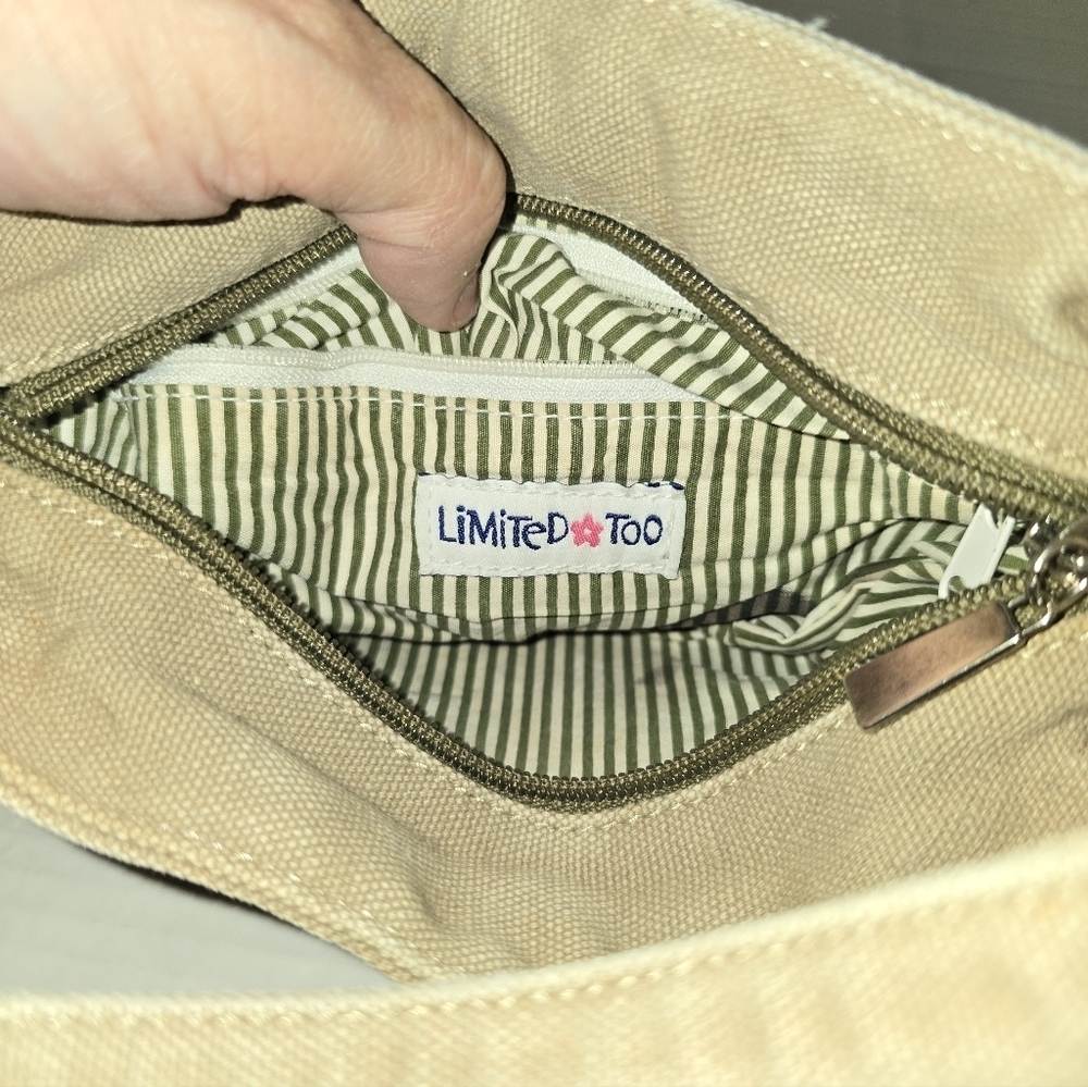 Limited Too Beige Canvas Bag with Green Striped Lining - Picture 3 of 3